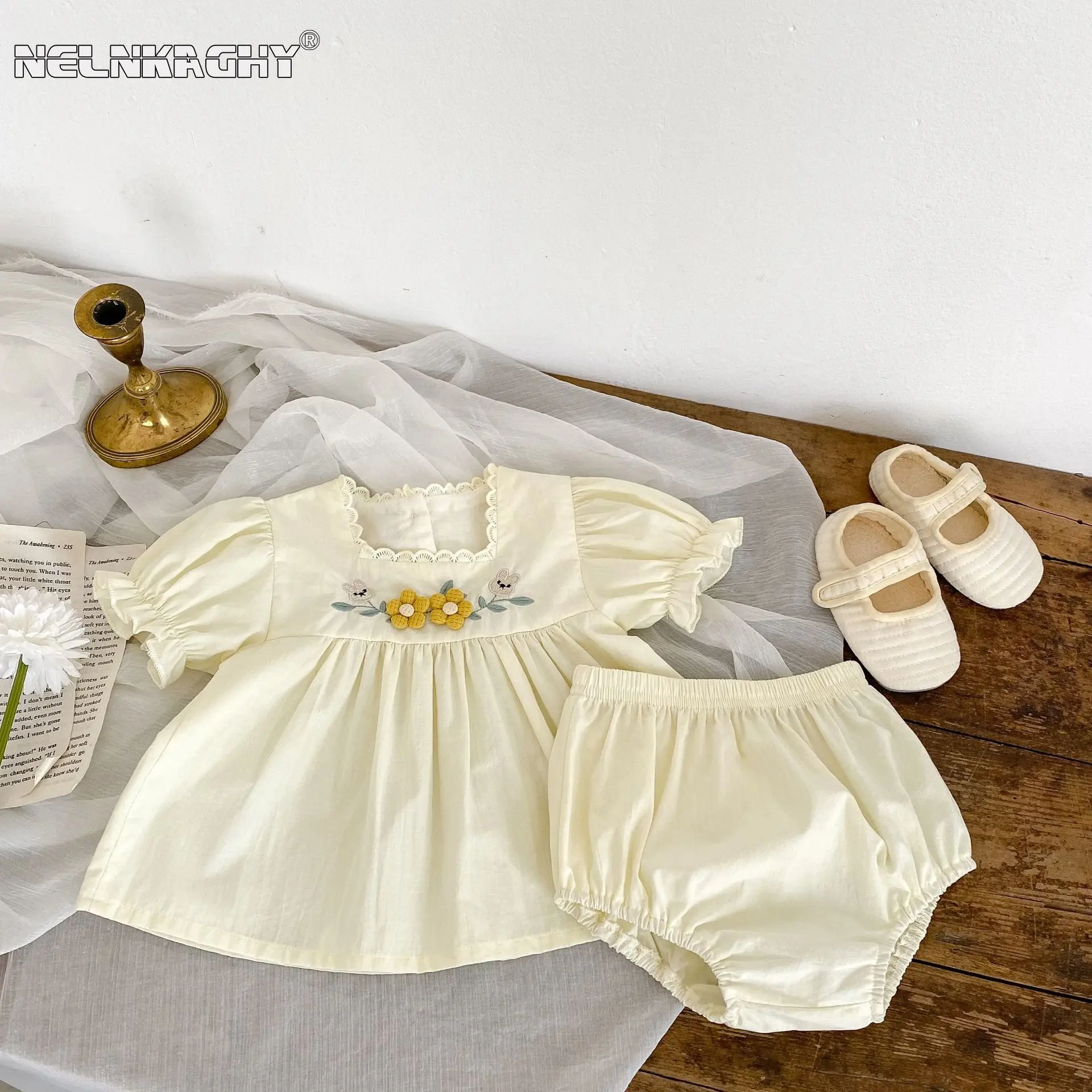 

2023 New In Summer Puff Sleeve Embroidery Flower Bunny Lace Collar Top T-shirts + Shorts Infant Kids Baby Clothing Set 2pcs