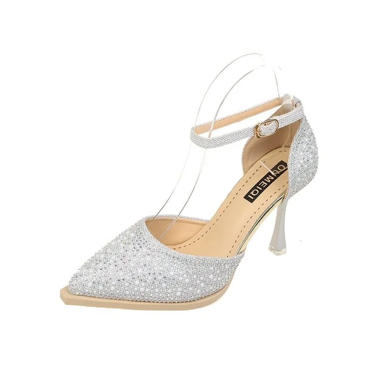 

Туфли-лодочки женские с ремешком на щиколотке, Элегантные свадебные туфли с кристаллами, высокий каблук, заостренный носок, Роскошные, для н...