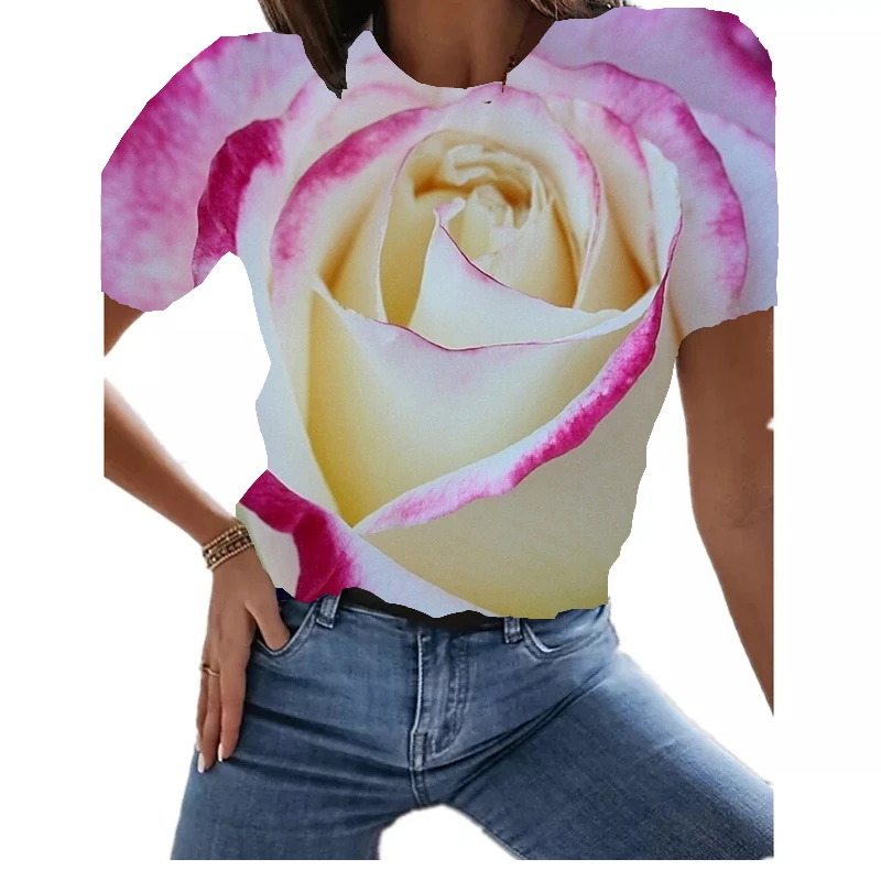 

Zomer mode bloemen rozenpatroon collectie. 3D-geprinte Harajuku-T-shirt met korte mouwen en ronde hals voor dames