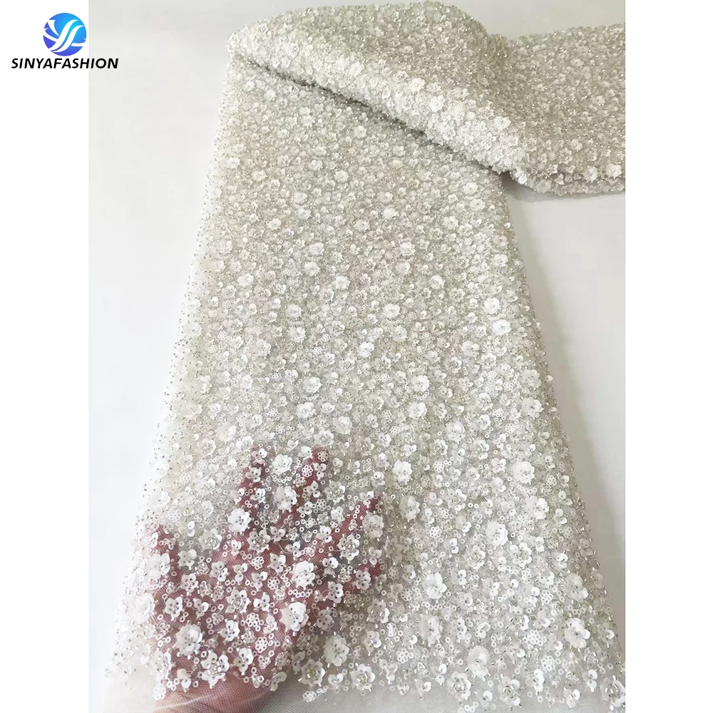 

Nigerian Wedding Bridal Dress Embroidery Full 3D Sequins French Net Lace African Luxurious Heavy Hand Beaded Lace Fabric 11868