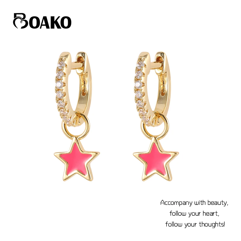 

BOAKO 2021 Silver Color Huggie Earrings For Women Pink Enamel Fruit Star Smiley Loop Earring Piercing Pendientes Aros Colores CZ