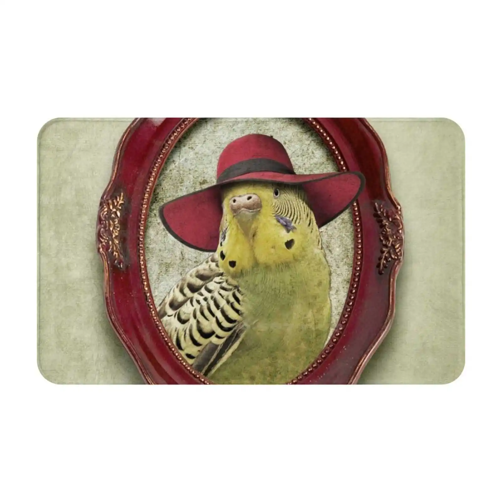 Green Budgie In Red Hat Door Mat Foot Pad Home Rug Budgies Budgerigar Common Parakeet Shell Parakeet Birds In Hats Budgie In