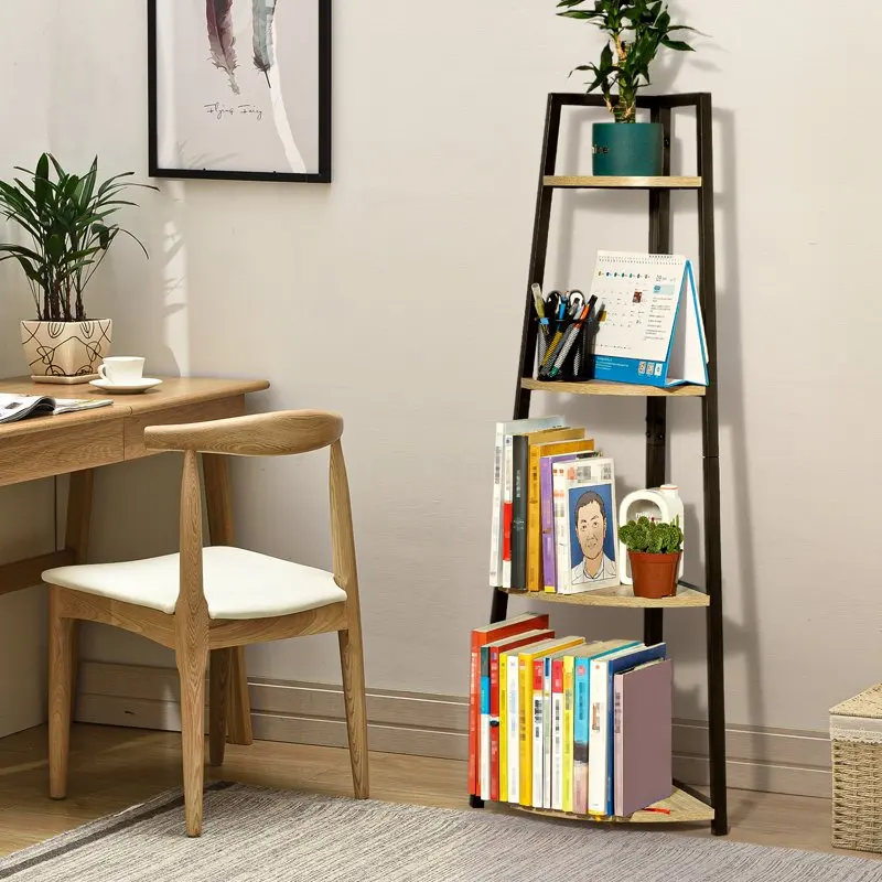 

Corner Ladder Wood , Display Rack Multipurpose Bookshelf and Plant Stand for Living Room and Office, Light Brown
