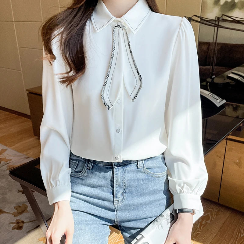 

Satin Loose Women's Blouses New Fashion Casual Long Sleeve Top Solid Color Bow Tie Shirt Spring