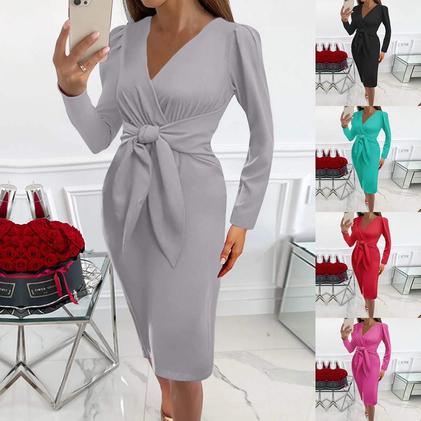 

Women's Sexy Deep V Neck Solid Mini Bodycon Dress Folded Long Sleeve Lace UP Slim Party Club Dress Knee Length Women's Dresses