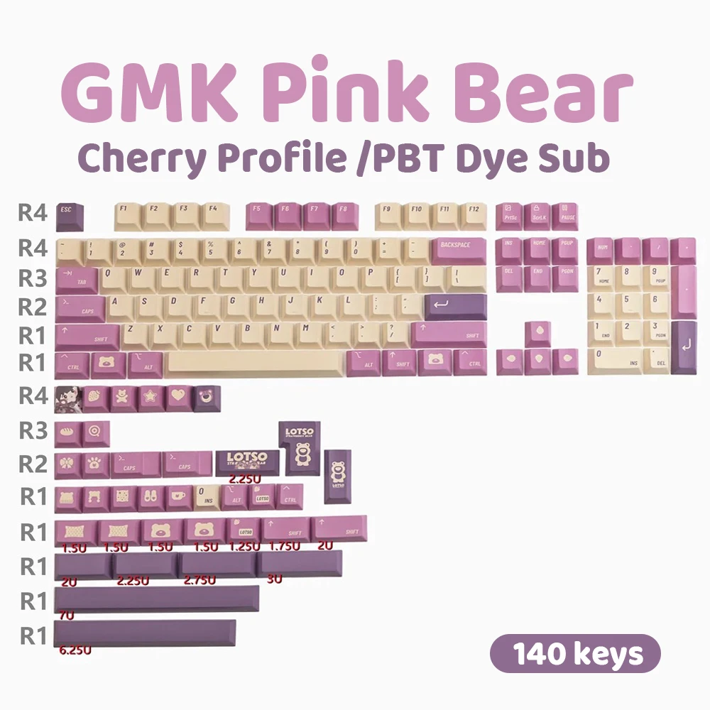 

GMK Clone Pink Bear PBT Keycap 140 Keys Cherry Profile DYE-SUB Personalized Keycaps For GMMK pro Mechanical Keyboard