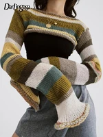darlingaga y2k retro multi stripe flare sleeve knit womens sweater smock top super short fairycore festival pullover knitwear