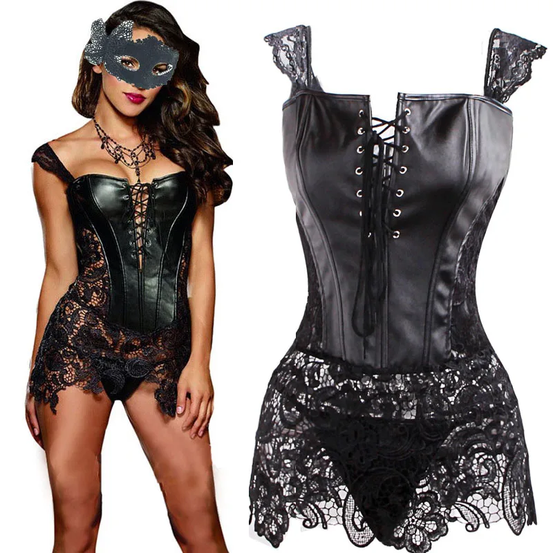 

Sexy Lingerie With G-string Sets Women Faux Leather&lace Burlesque Steampunk Corset Set Waist Gothic Bustier Corpet Plus Size
