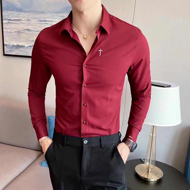 Classic Solid Color Men's Shirts Autumn Long Sleeve Slim Business Casual Dress Formal Shirt Social Party Street Male Clothing