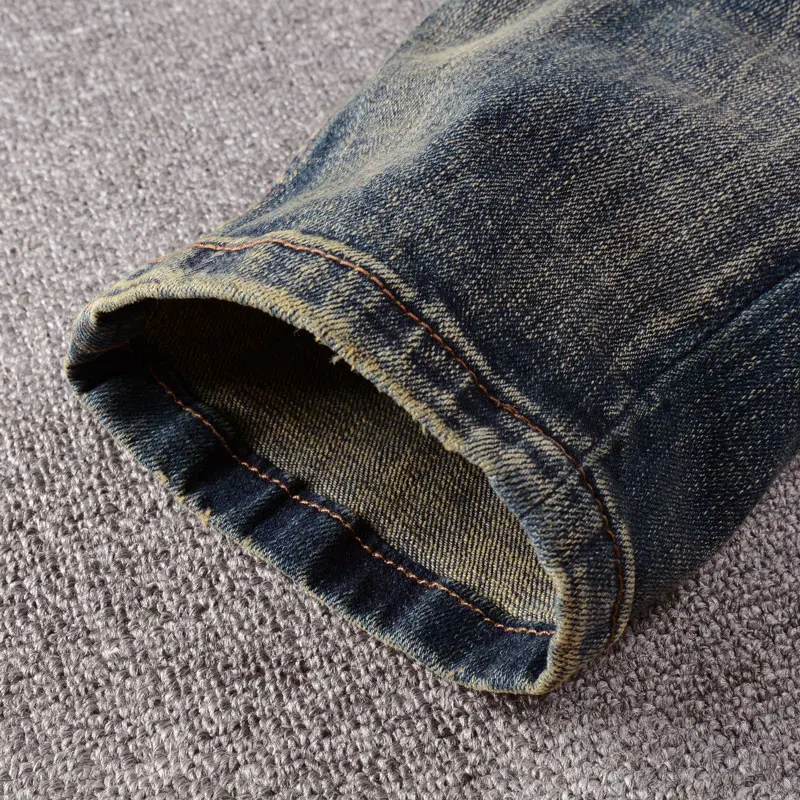 Fashion Vintage Men Jeans Retro Dark Blue Elastic Stretch Slim Ripped Jeans Men Embroidery Patched Designer Denim Pants Hombre