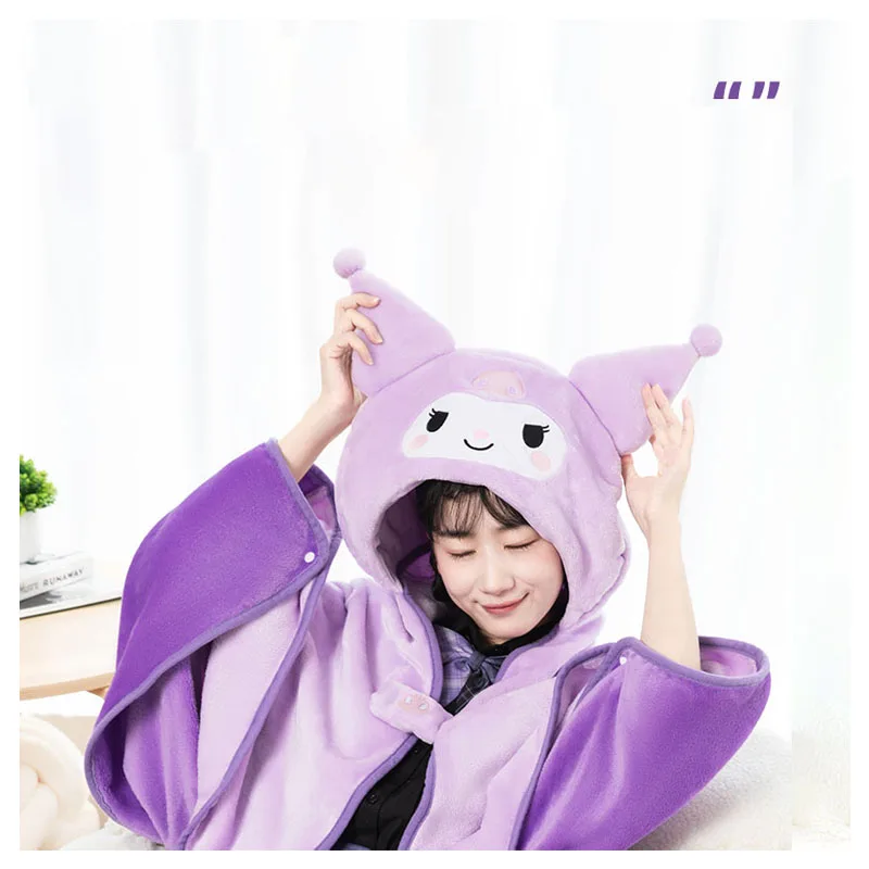 

Плюшевые куклы в стиле аниме Kawaii Sanrios Kuromi, одеяло с капюшоном для сна, мультяшная Милая сохраняющая тепло плюшевая шаль, стандартное одеяло, подарок для девушек