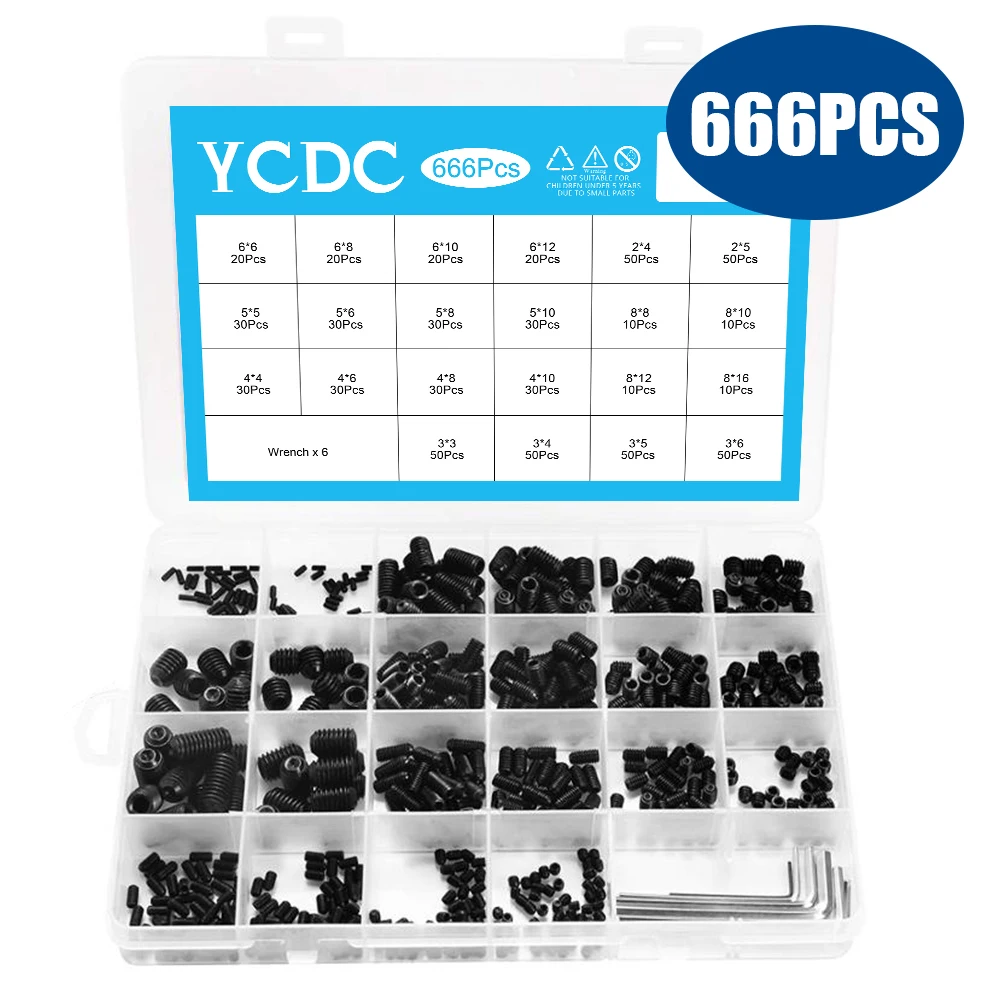 

YCDC Steel Hex Set Screws Flat Hexagon Socket 666Pcs Headless M2 M3 M4 M5 M6 M8 Point Alloy Assortment Set Head Screw Grub Screw