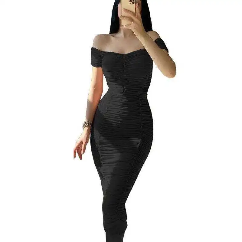 

Womens Style Solid Color Elegant Casual Dresses Summer Sexy Off Shoulder Pleated Dress