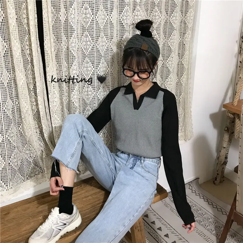 

Korean Style New Knitted All-Match Loose Trendy Women Patchwork Turn-down Collar T-shirts Vintage Long Sleeve Streetwear Outwear