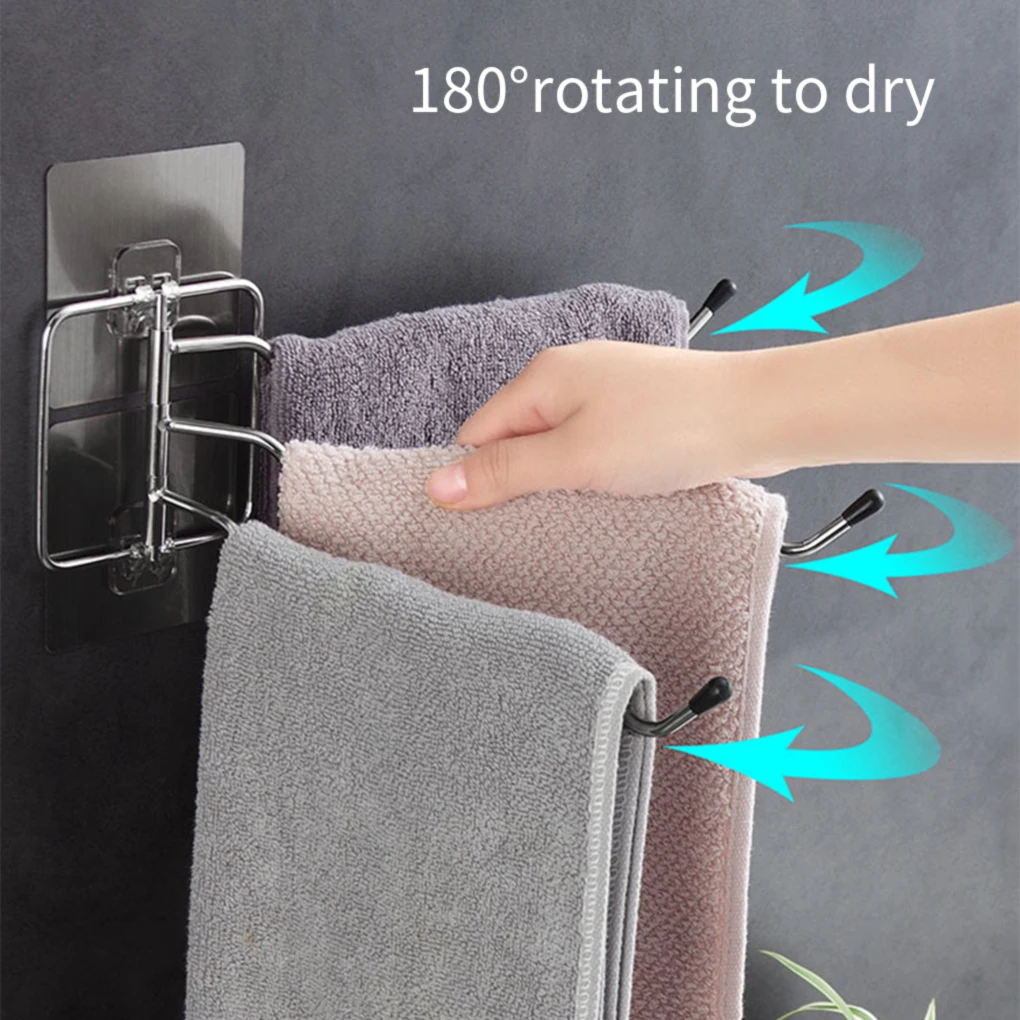 

Multi-Rod Rotation Towel Rack Holder With Hook Wall Mounted Rotating Storage Hanger Kitchen Bathroom Stainless Steel Hanging Bar