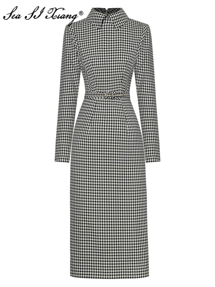 

Женское клетчатое платье-карандаш Seasixiang, дизайнерское офисное платье с воротником «Питер Пэн» и поясом на весну и лето