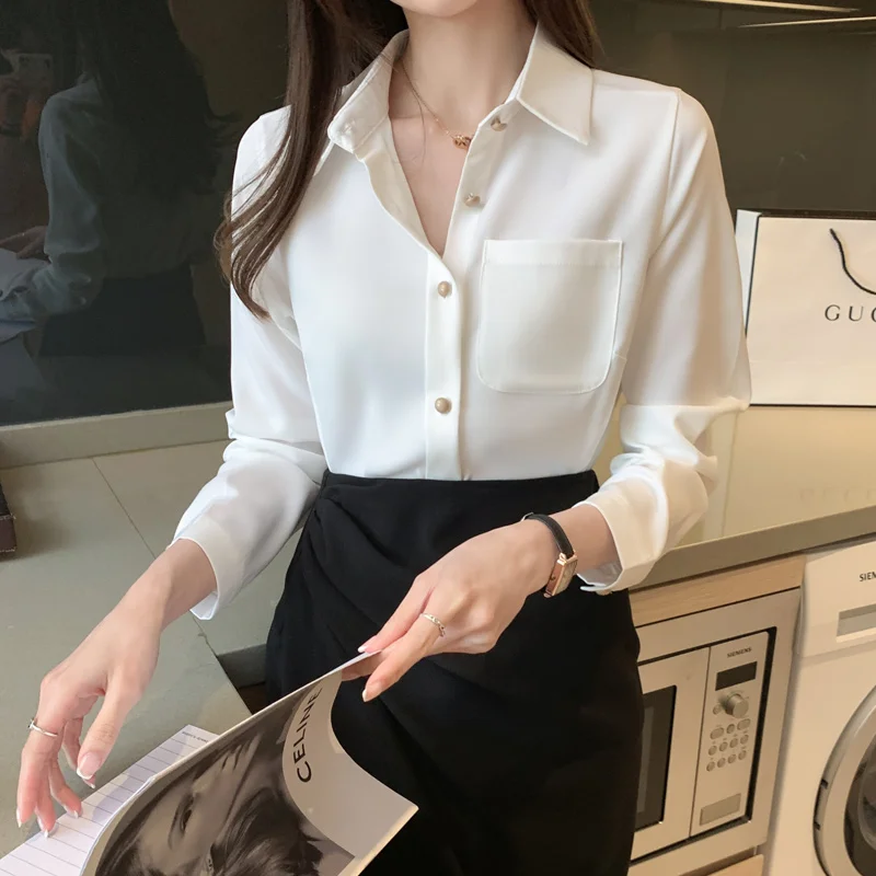 Шифоновая белая блузка с длинным рукавом и карманами рубашка топы для женщин