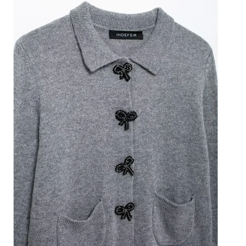 Укороченный женский кардиган TRAF серый вязаный верхняя одежда осенний свитер на