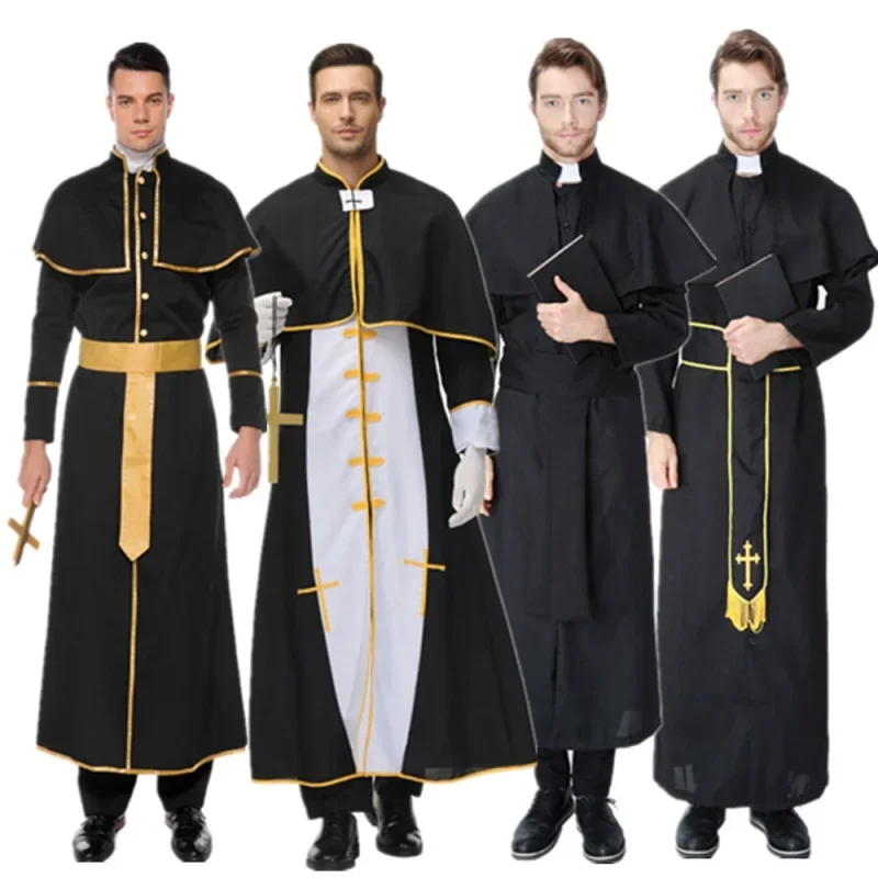 

Halloween Carnival Costume For Man God Father Missionary Priest Cosplay Costumes with Belt Neckwear Cross