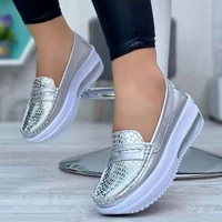 women shoes slip on thick sole 2022 new fashion luxury canvas casual heightening vulcanized shoes round toe lightweight loafers