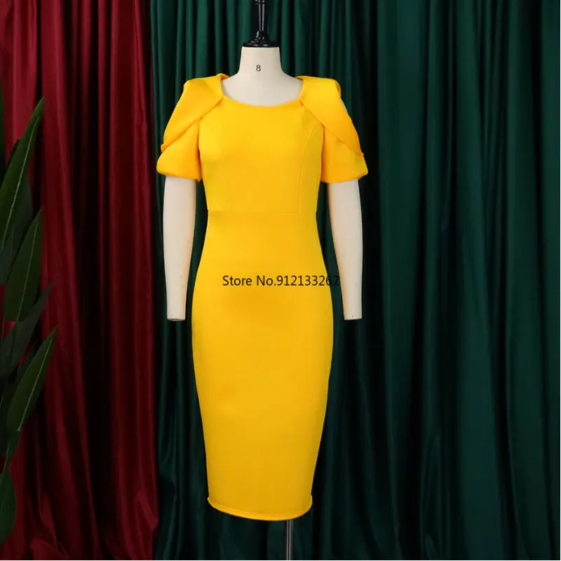 

2023 Summer Elegent African Women Short Sleeve Solid Color Knee-length Dress African Dresses for Women African Clothes S-3XL