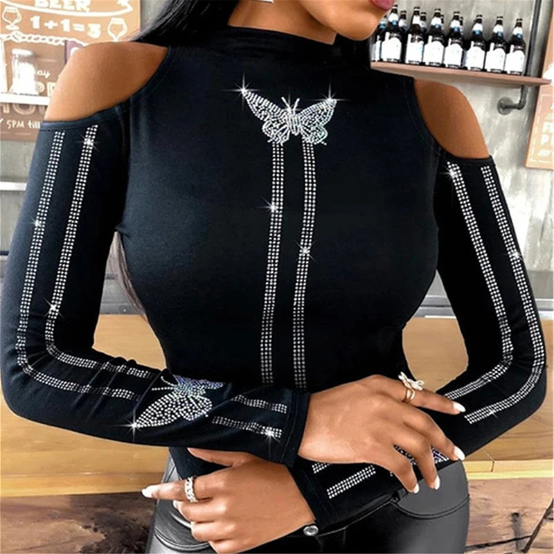 

Women Long Sleeve T-Shirt Studded Slim Butterfly Diamond Strapless Long Sleeve Top New Spring Top all-match Sexy T Shirts