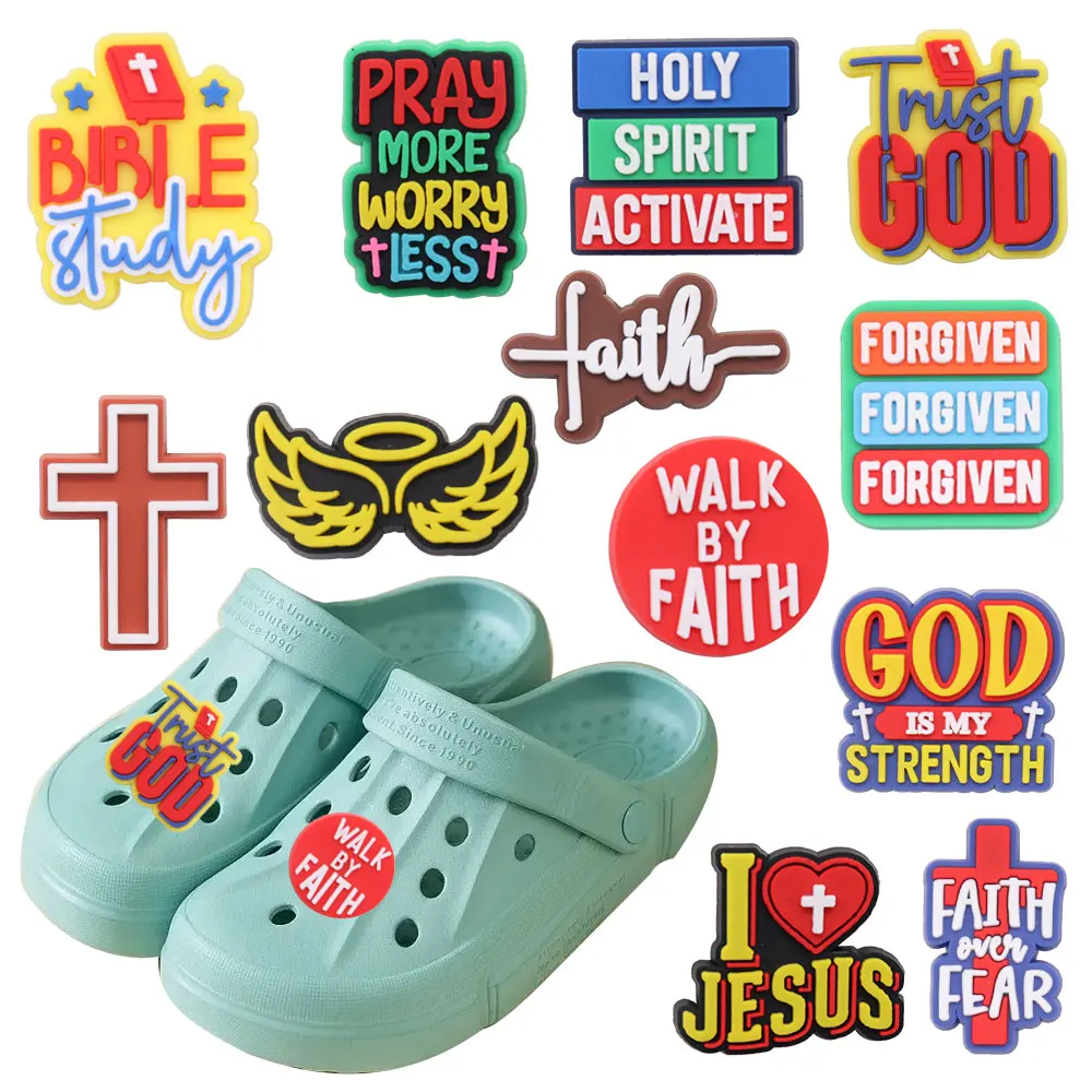 

New Arrival 1pcs Shoe Charms Colorful English Slogan JESUS GOD Accessorie PVC Kids Shoe Buckle Fit Wristbands Birthday Present