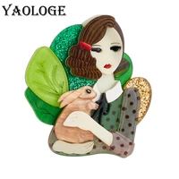 yaologe acrylic cute holding rabbit girl brooches for women kids new cartoon figure brooch pins badges accessories jewelry gift