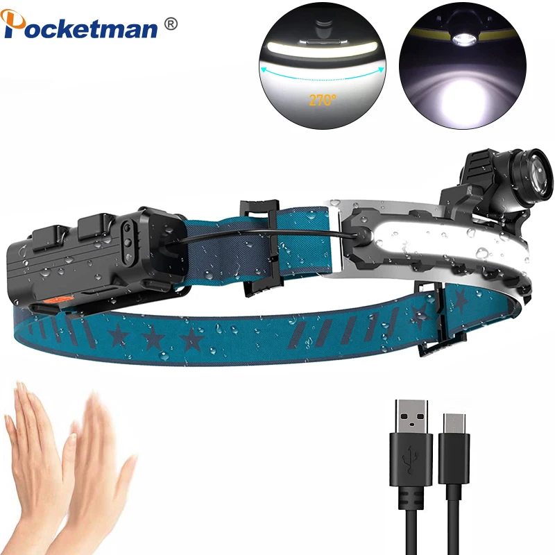 

IR Sensor LED Headlamp Powerful XPG+COB Headlight 2000mAh 18650 USB Head Lamp Portable Floodlight Flashlight Waterproof Lantern