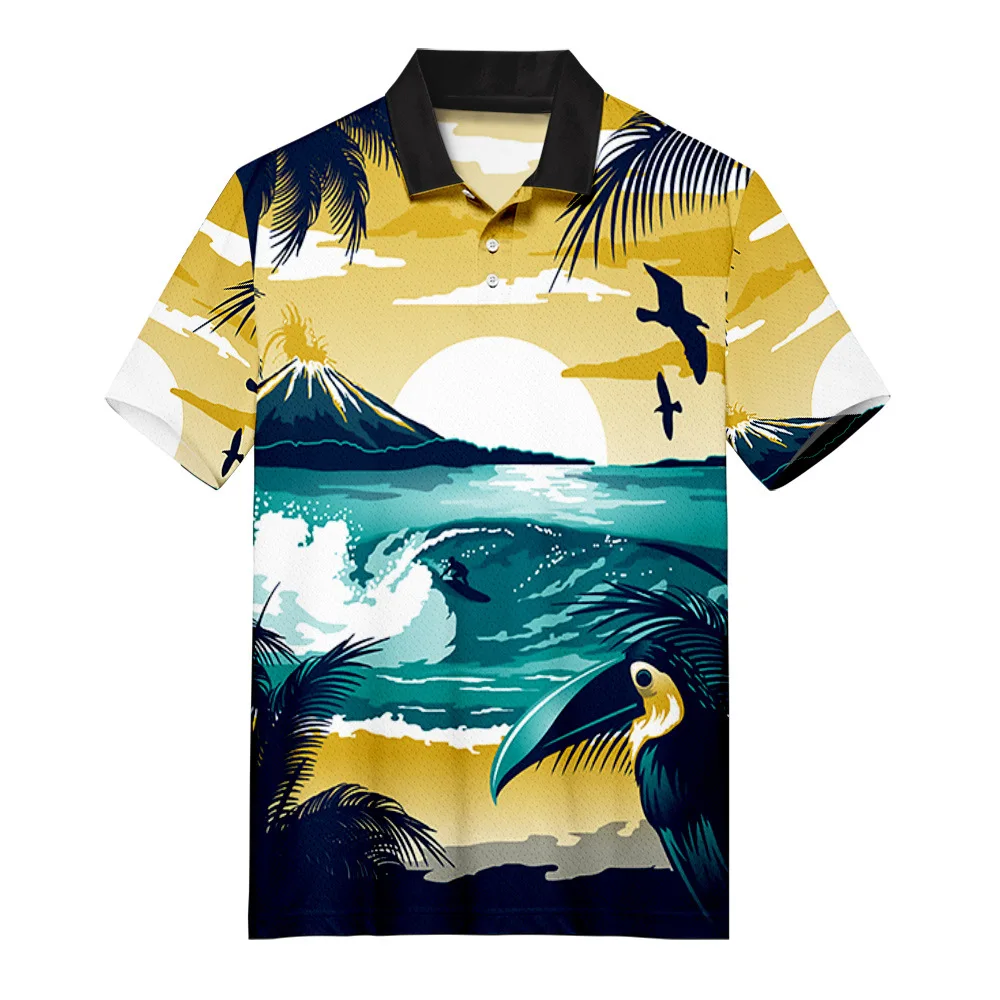 

2022 new cross-border 3D printing pattern lapel short-sleeved business seagull men's daily casual loose lapel shirt