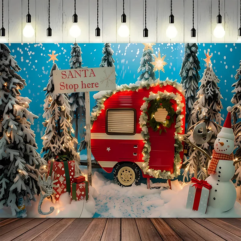 Christmas Photography Background Retro Truck Xmas Tree Forest Snow Candy Cane New Year Party Props