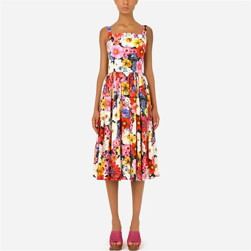 

2022 big-name summer new cotton print one word neck high waist suspender dress women's beach holiday double shoulder A-lineskirt