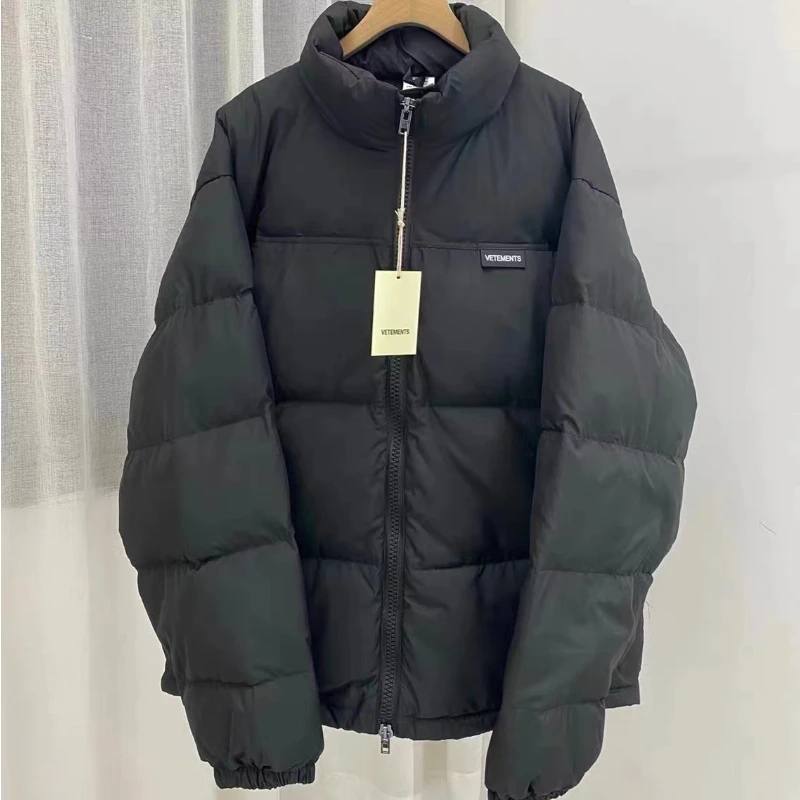 

VETEMENTS Black Down Jacket Embroidered Letter LOGO Casual Zipper Men Women 1:1 High Quality VTM Duck Down Jacket