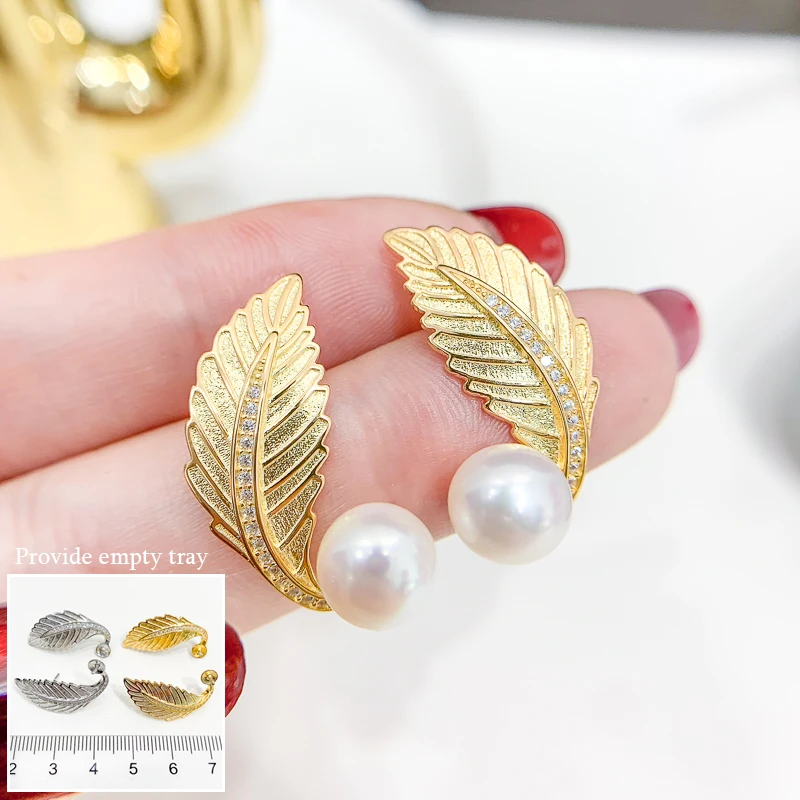 

MeiBaPJ Real 925 Sterling Silver White Natural Pearl Fashion Leaf Stud Earrings Fine Charm Party Jewelry for Women