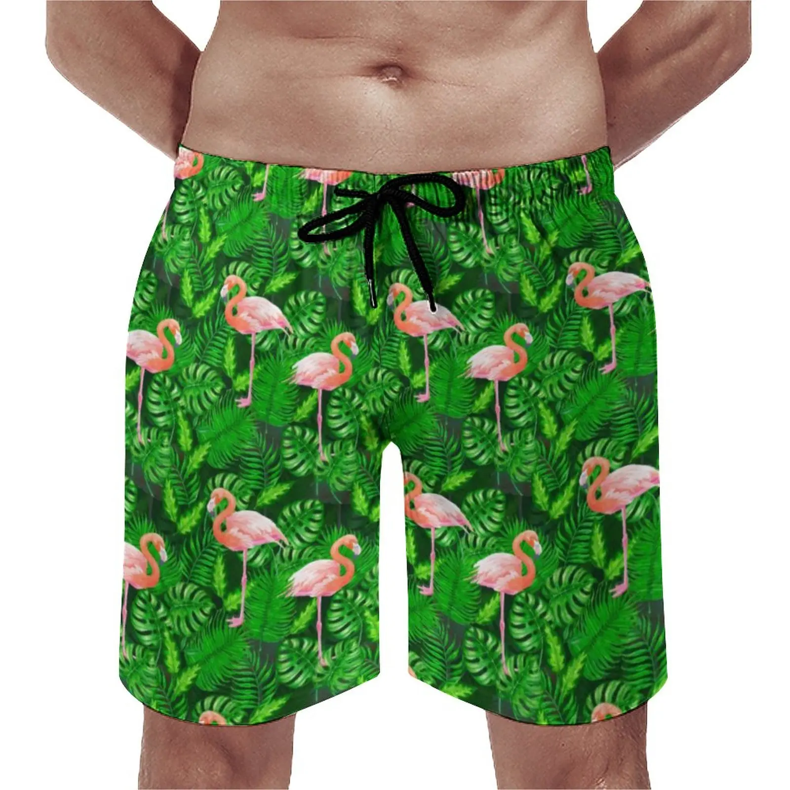 

Flamingo Design Board Shorts Green Palm Leaf Print Beach Shorts Hot Men Comfortable Printing Swimming Trunks Plus Size