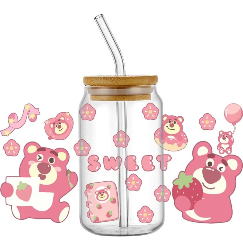 Miniso клубничный Медведь 3D водонепроницаемый UV DTF чашка обертка для 16Oz 10OZ Libbey