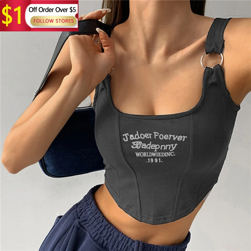 

2023 Women'S T-Shirt Camisole Crop Top With Bra Pad Sleeveless Crop Top Tank Tops Sexy Vest Letters Solid Color Short