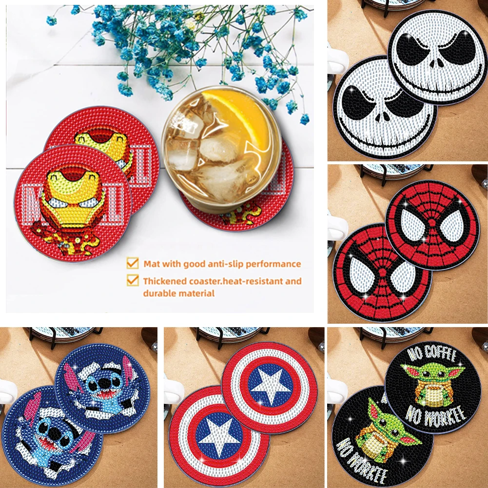2 pcs Diamond Painting Coaster Kit Diy 5D Disney Characters Iron Man Spiderman Graphic Coaster Diamond Art Kit Home Table Decor