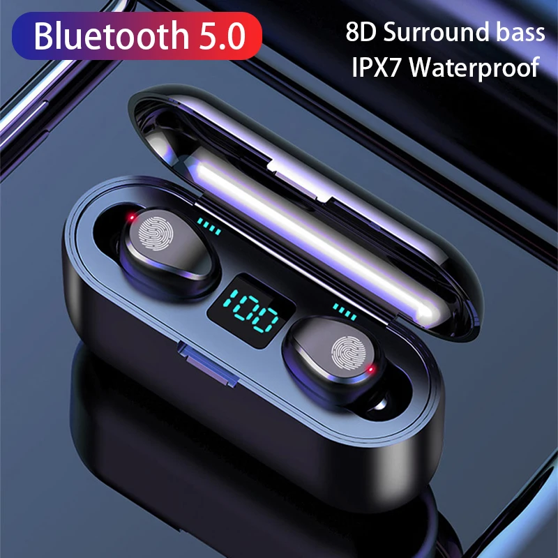 F9 TWS Wireless Bluetooth Earphone Headphones Sport Touch Mini Earbuds HIFI Stereo Headset With 2200mAh Charging Case Power Bank