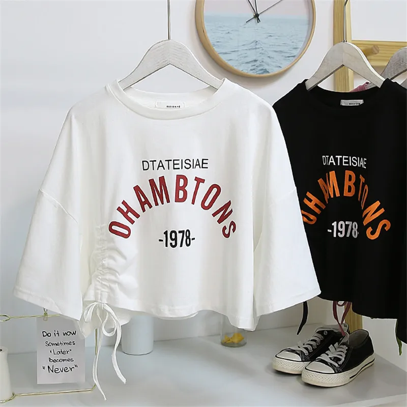 

Loose Tshirts Women Crop Top Summer 2023 Sporty Fashion Kpop Shirring O Neck Letter Print Casual Tees Workout Female Clothes