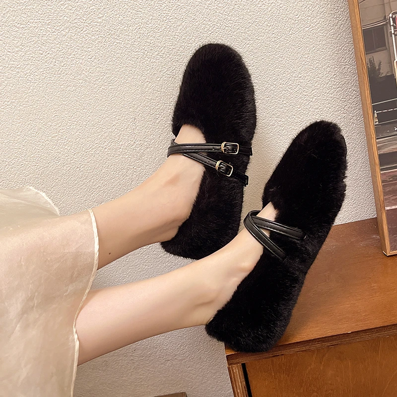 Плюшевая обувь женская уличная осенне-зимняя теплая Мэри Джейн на мягкой подошве