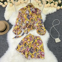 womens floral shorts set long sleeve o neck single breasted blouse shirt top high waist shorts lady casual two pieces suit