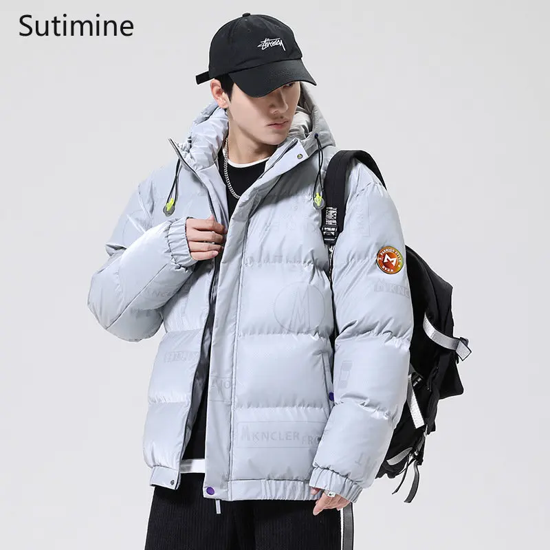 Coat Men Winter Casual Zipper Thickened men's letter bright printed down cotton padded jacket Hooded Loose Winter Coat Men