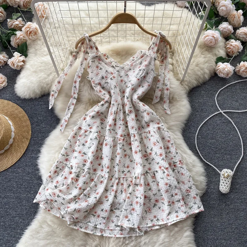 

Women Summer Sexy Floral Print Mini Dress New Fashion Sleeveless Seaside Holiday Slim A-line Koean Dresses Vestidos G641