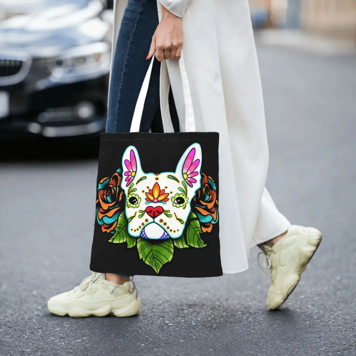 

Day Of The Dead French Bulldog In White Sugar Skull Dog Women Totes canvas handbag canvas shopping bag