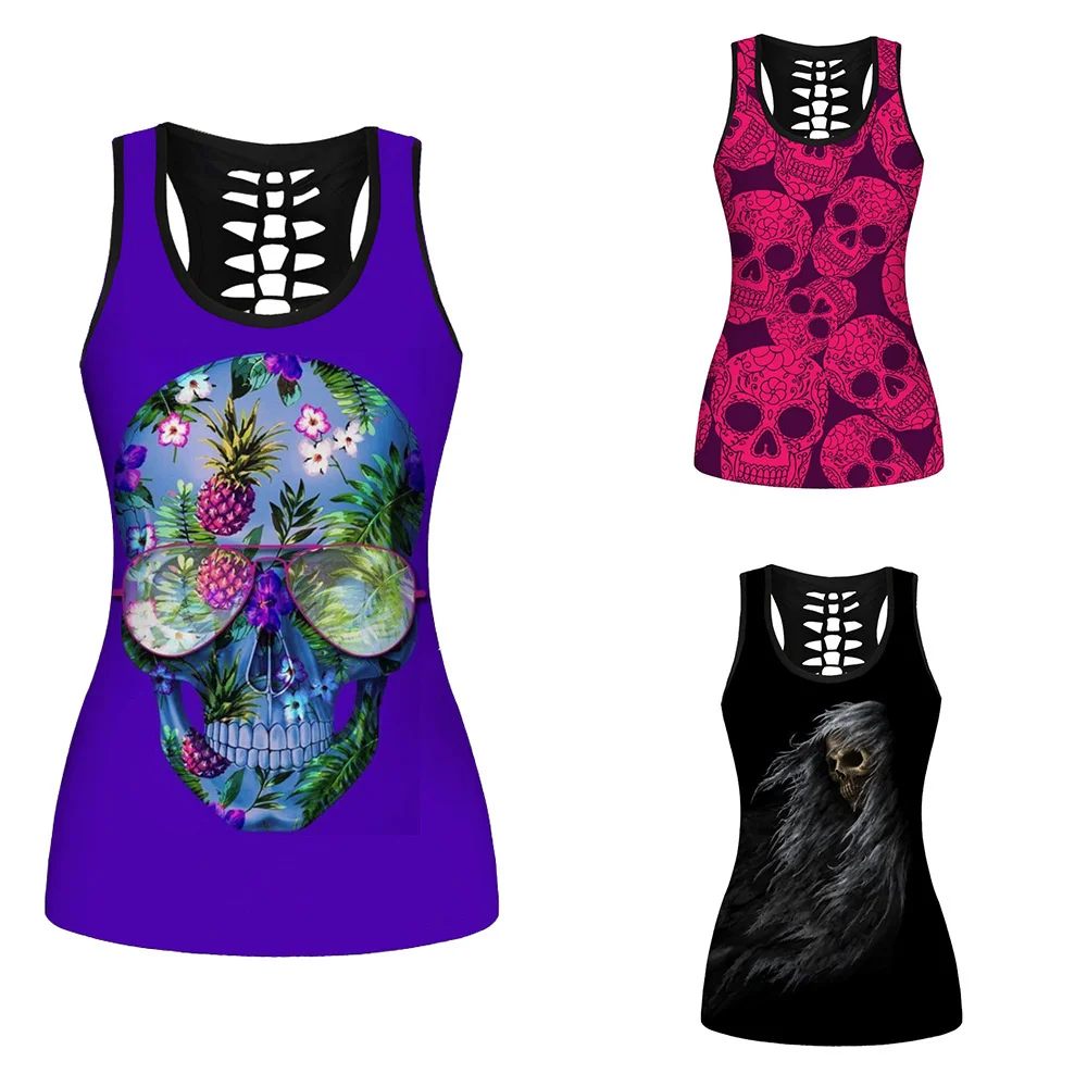 

Plus Size Gothic Rose Skull Print Tank Top Women Sexy Black Vest Hollow Out Punk Sleeveless Tops Shirts