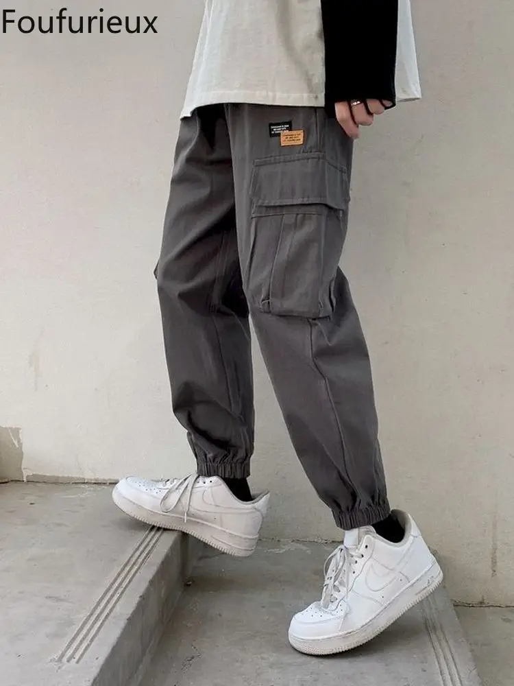

Foufurieux Men Korean Streetwear Cargo Pants 2022 Mens Pockets Black Pants Male Fashions Casual Cropped Pants Spring Joggers Y2k