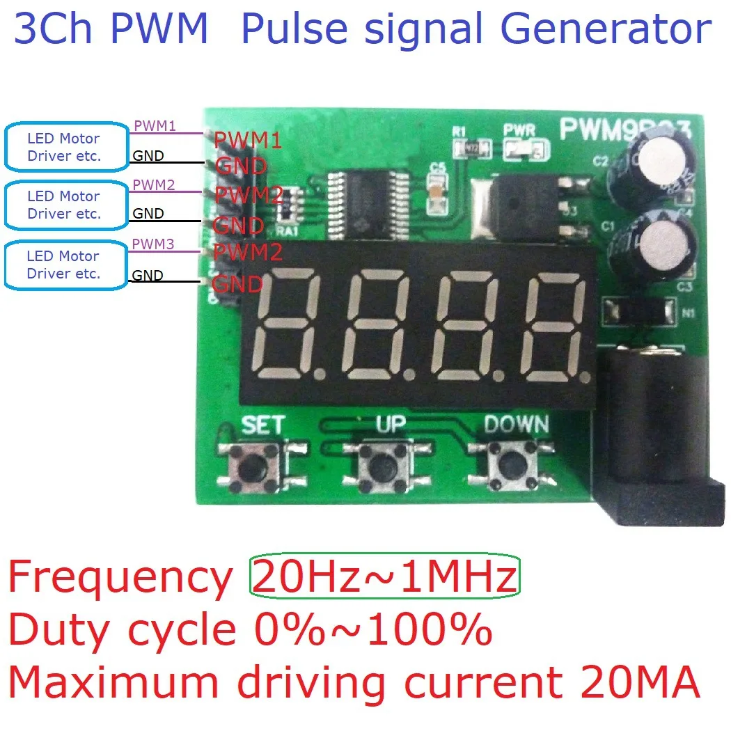 

DC 6-24V 12-30MA 3 Channel 20HZ-1MHZ Duty Cycle Frequency Adjustable PWM 5V TTL Level Square Wave Pulse Signal Generator
