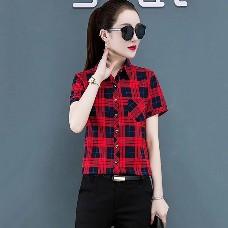 Женская модная клетчатая однобортная рубашка куртка с коротким рукавом Новинка