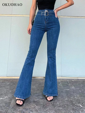 Wide belt bell bottom jeans - купить недорого | AliExpress